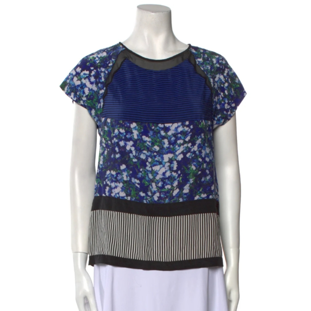 Diane Von Furstenberg 💯 Silk Blue Floral Striped Blouse Authenticated, Sz S